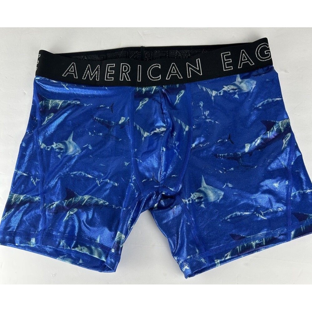 American Eagle mens 6” Flex Boxer Brief Metallic Blue Sharks NWT Size M